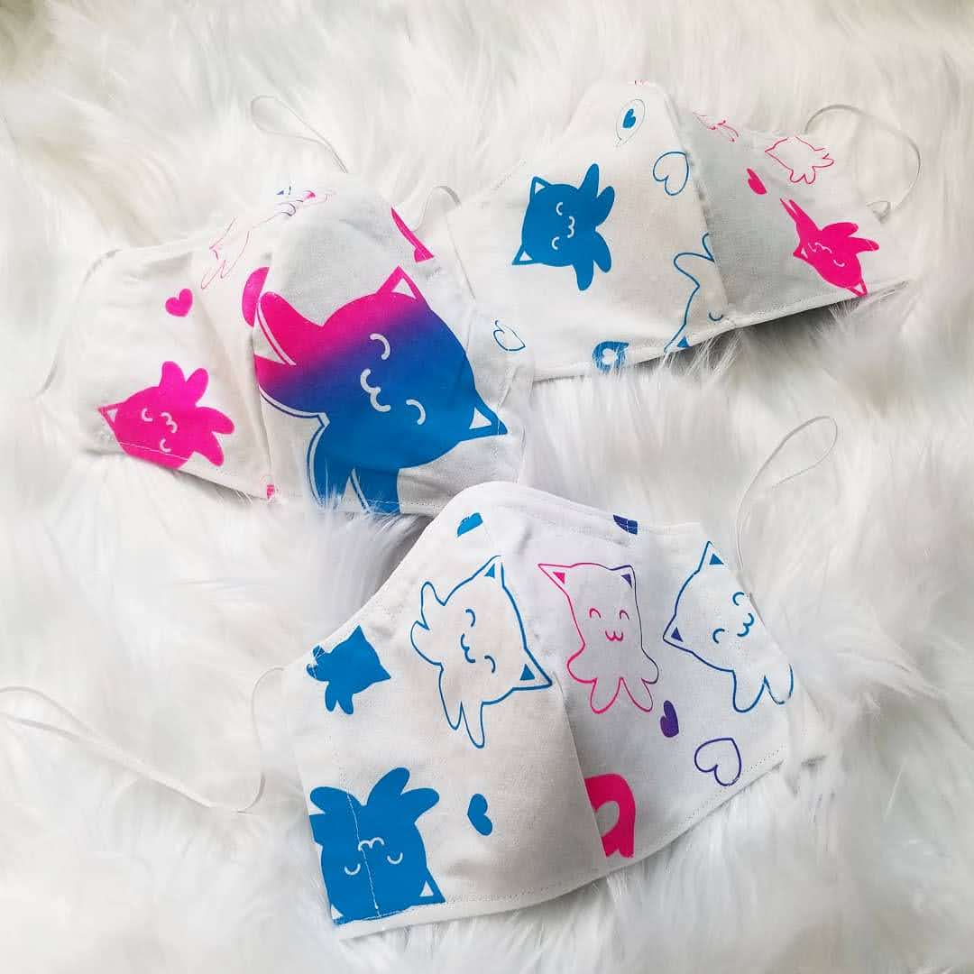 Screen printed Taneko face mask // pink and blue ink hand pulled by Sophia Adalaine