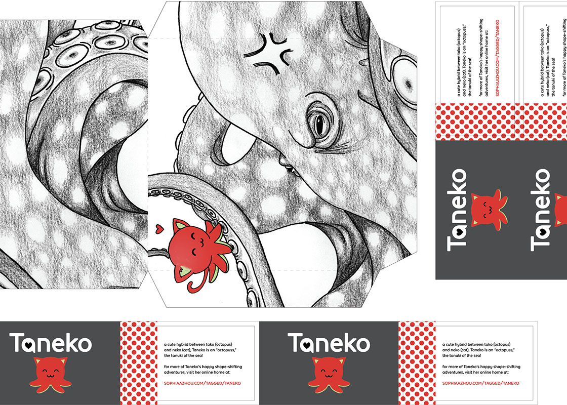 packaging and business cards for Taneko, featuring hand drawn pencil illustration of a spotted octopus and a red Taneko