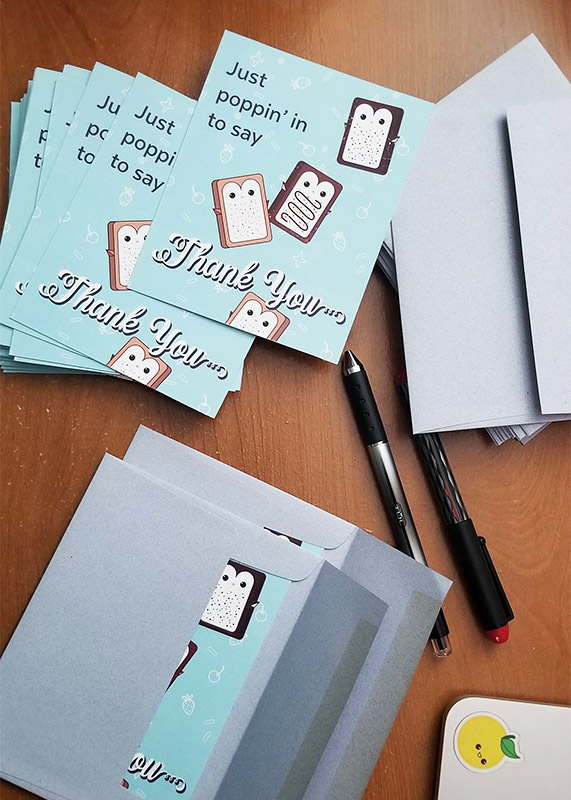 several thank you cards featuring Pastry Penguins