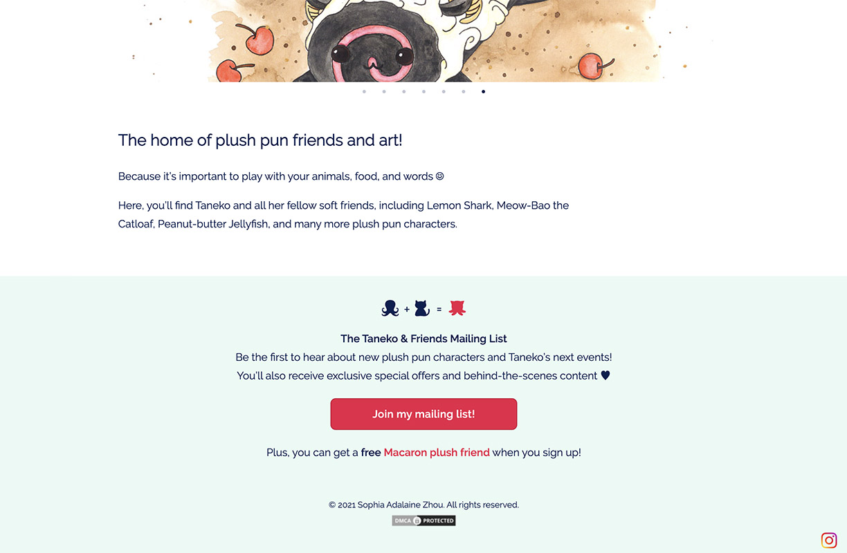 screenshot of website homepage for Taneko Says Hello