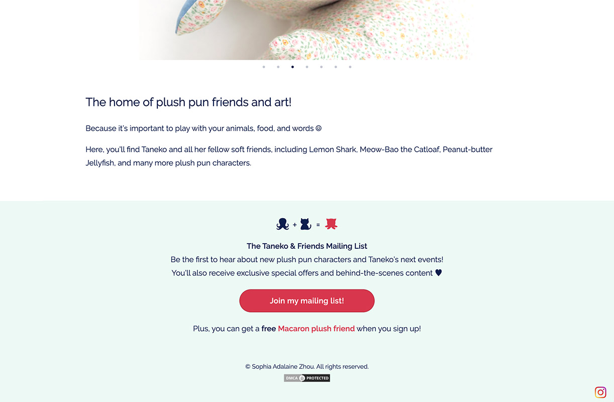 screenshot of website homepage for Taneko Says Hello