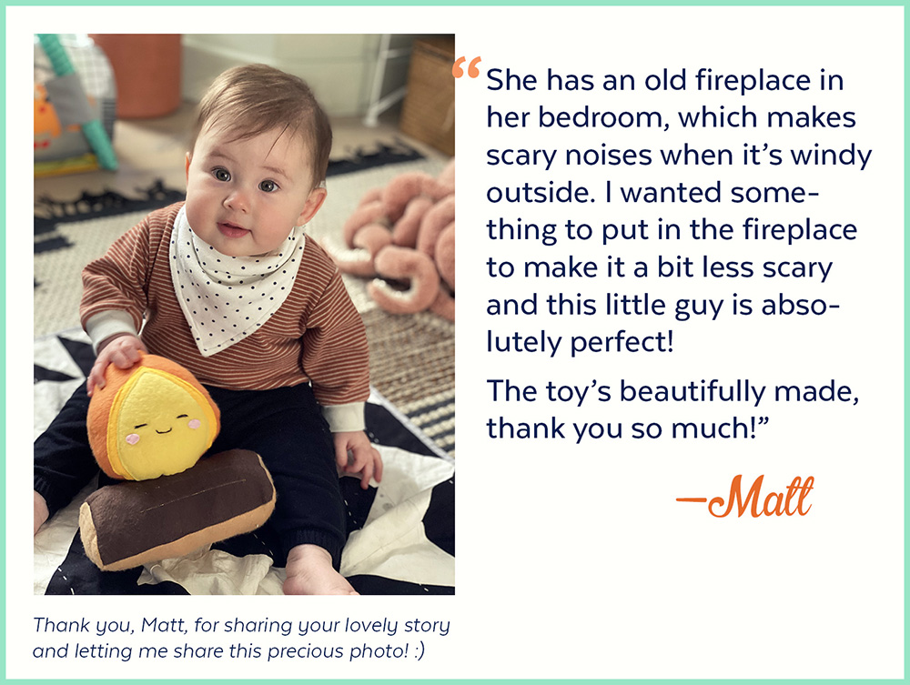 customer testimonial of a baby sitting with Happy Campfire plush toy