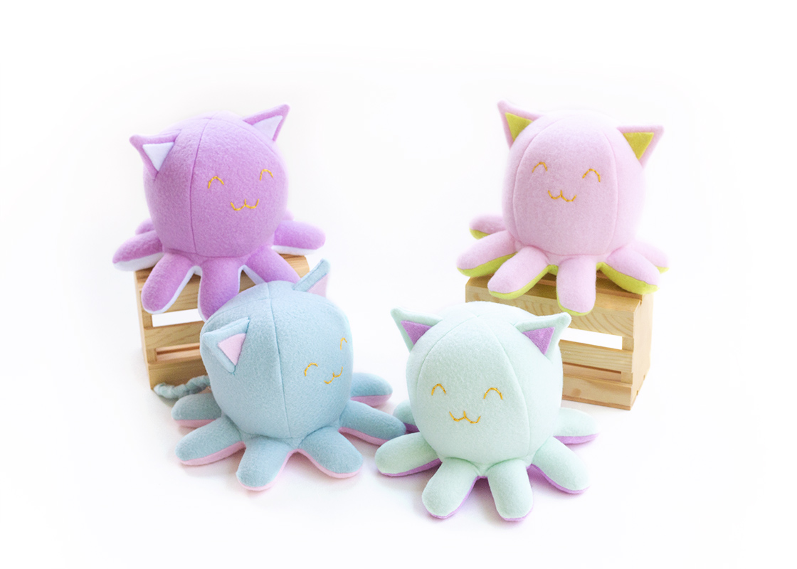 Cotton Candy Taneko plushies by Sophia Adalaine // octopus cat octocat handmade plush toy