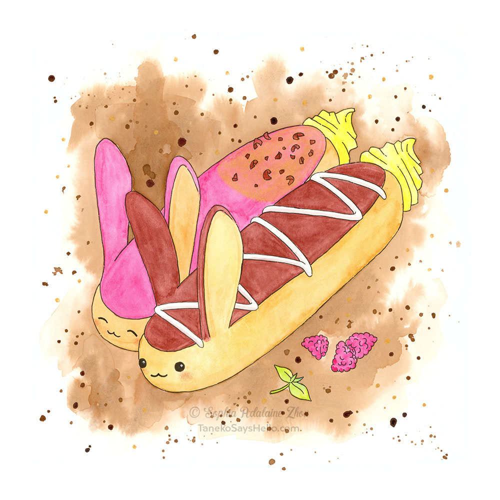 Eclair Hares illustration series by Sophia Adalaine // mixed media pun chocolate raspberry eclair hares