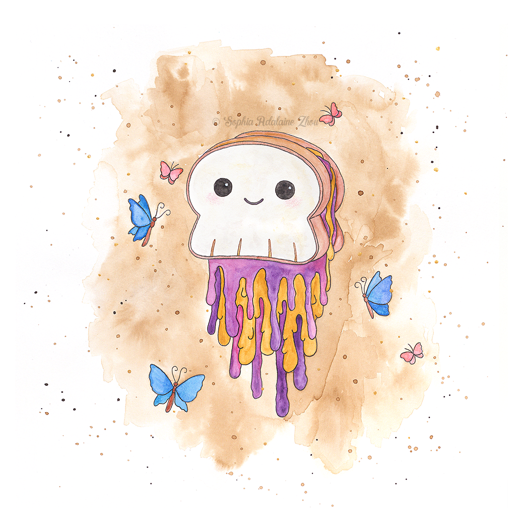Peanut-butter Jellyfish Character illustration series by Sophia Adalaine // mixed media pun illustrations